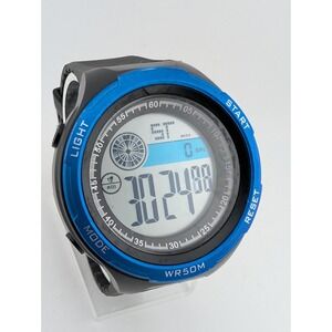 George Digital Watch Men 48mm Case Blue Bezel Black Plastic Band- New Battery